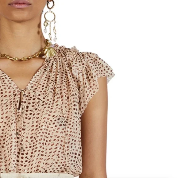 Ulla Johnson Marilyn Silk Chiffon Leopard Ikat Dot Ruffled Cap Sleeve Blouse - Picture 3 of 15